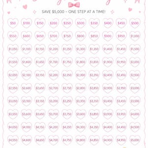 May include: A pink and white savings challenge tracker featuring the text $5,000 Savings Challenge, Save $5,000 - One Step at a Time!, My Why:, and You've Got This!. It includes rows of heart icons with dollar amounts and a piggy bank graphic.