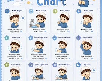 Tabla de práctica de Wudu para niños y niñas / Seguimiento de la oración y ablución islámicas / Descarga instantánea