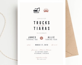 Trucks and Tiaras Birthday Party Invitation, Tractors and Princess, Twins or Joint Birthday, Boy + Girl Party, Dump Truck Construction Party