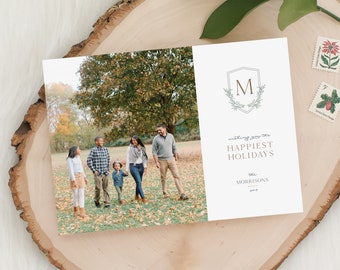 Monogram Crest Holiday Card, Christmas Card, Family Photo Card, Preppy Holiday, Holiday Moving Announcement, Newlywed Christmas, New Year
