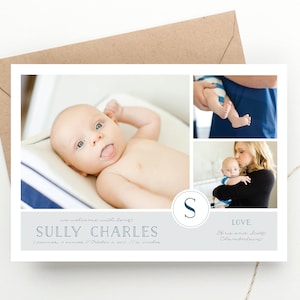 May include: A baby announcement card with a collage of photos of a newborn baby boy. The card is light blue and white with the baby's name, Sully Charles, and birth details. The text "we welcome with love" is written in a script font.