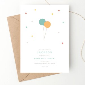 Balloon Birthday Party Invitation, Baby's First Birthday, 1st Birthday, Polka Dots, Simple Invite, Twins, Baby Girl, Baby Boy, Multiples
