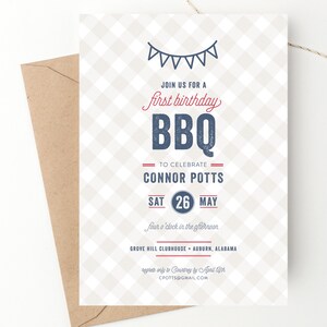 First Birthday BBQ Invitation Gingham Picnic Backyard BBQ Burgers Kids Bday Memorial Day Fourth of July Labor Day July 4th Party Invitation image 1