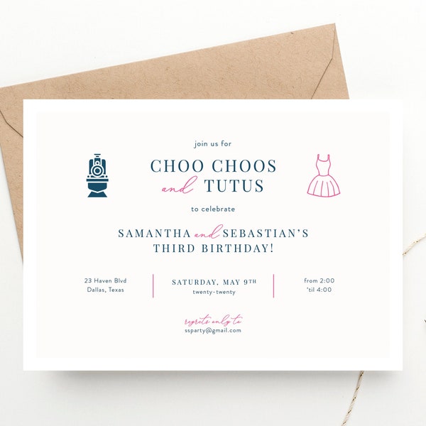 Choo Choo and Tutu Themed Birthday Invitation, Twins Birthday, Boy Girl Birthday Party, Multiple Children, Trains and Ballerinas, Kids Party