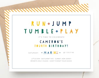 Run Jump Tumble Play Kids Party Birthday Invitation, Gymnastics Party Invite, Bounce House Jump Park, Boys or Girls Invite, Twin Birthday