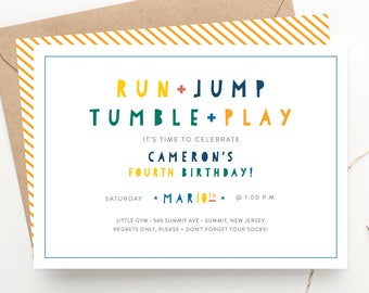 Run Jump Tumble Play Kids Party Birthday Invitation, Gymnastics Party Invite, Bounce House Jump Park, Boys or Girls Invite, Twin Birthday