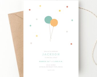 Balloon Birthday Party Invitation, Baby's First Birthday, 1st Birthday, Polka Dots, Simple Invite, Twins, Baby Girl, Baby Boy, Multiples