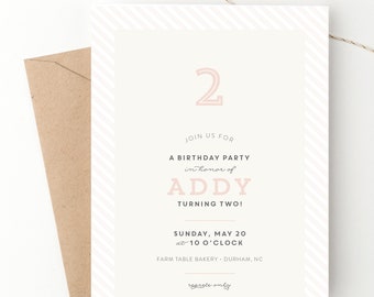 Simple Stripes Birthday Invitation Kids Party Girls Birthday No Theme Preppy Bday Any Age Blush + White Striped Party Decor Sweet + Simple