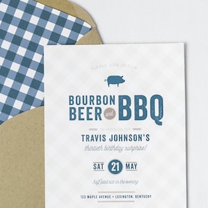 Bourbon Beer & BBQ Birthday Invite Pig Roast Surprise 30th Party Rehearsal Dinner Party College Football Summer Picnic Country Gingham BBQ