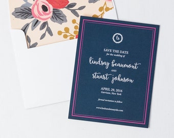 Preppy Monogram Save the Date, Engagement Announcement, Rehearsal Dinner, Nautical Save-the-Date, Navy & Pink, Calligraphy-Inspired, Wedding