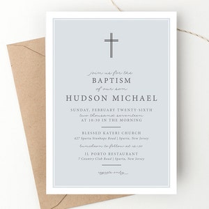 Classic Cross Baptism Invitation, Dedication Invite, Blue Christening Announcement, Modern Typography, Blue or Grey, Printed Invites or DIY