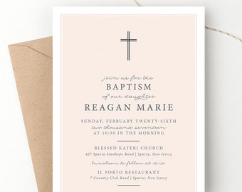 Classic Cross Christening Invitation Girl Custom Baptism Baby Announcement Personalized Blush Dedication Twins Baptism Printable Invite