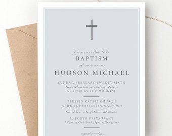 Classic Cross Baptism Invitation, Dedication Invite, Blue Christening Announcement, Modern Typography, Blue or Grey, Printed Invites or DIY