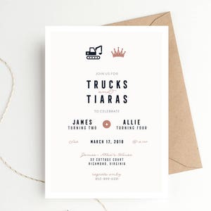 Trucks and Tiaras Birthday Party Invitation, Tractors and Princess, Twins or Joint Birthday, Boy + Girl Party, Dump Truck Construction Party