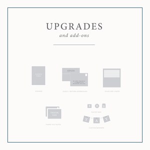 May include: A graphic showing different wedding upgrades and add-ons. The options include signage, guest and return addressing, envelope liners, thank you notes, favor tags, and custom banners.