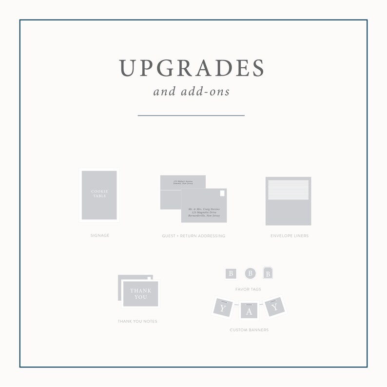 May include: A graphic showing different wedding upgrades and add-ons. The options include signage, guest and return addressing, envelope liners, thank you notes, favor tags, and custom banners.