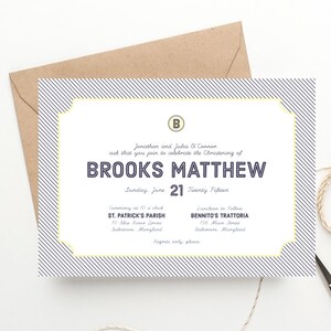 Modern Stripe Baptism Invitation Free Shipping | Navy and Yellow Christening Announcement | Baby Dedication | Printed Invitations or DIY