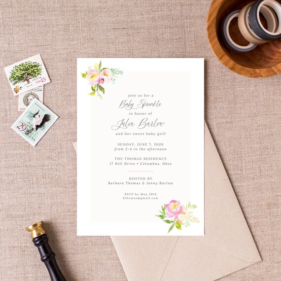 Soft Floral Baby Shower Invitation, Summer Shower Invite, Baby Girl, Twins Shower, Baby Sprinkle, Watercolor, Romantic Baby, Organic Il_570xn