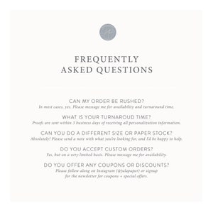 May include: A white background with black text outlining frequently asked questions about ordering, rush orders, turnaround time, size and paper stock options, custom orders, and coupons or discounts. The text includes the Instagram handle @julapaper.
