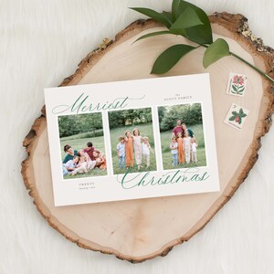 May include: A white Christmas card with a green cursive font that says "Merriest Christmas" and "The Scott Family" with three photos of a family in a green grassy field.