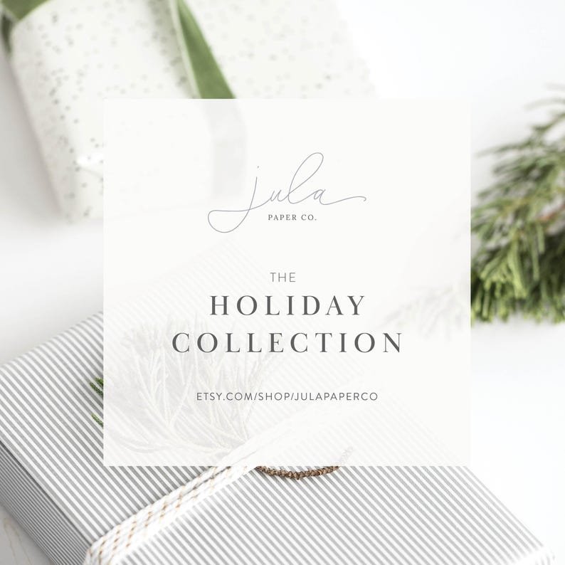 May include: A white and grey striped gift box with a white ribbon and a white card with the text "The Holiday Collection" and the website address "etsy.com/shop/julapaperco". The card also has the text "Jula Paper Co." in a cursive font.