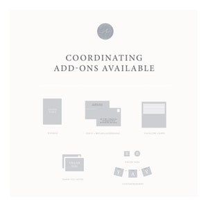 May include: A graphic showing coordinating add-ons available for wedding stationery. The add-ons include signage, guest and return addressing, envelope liners, thank you notes, favor tags, and custom banners.