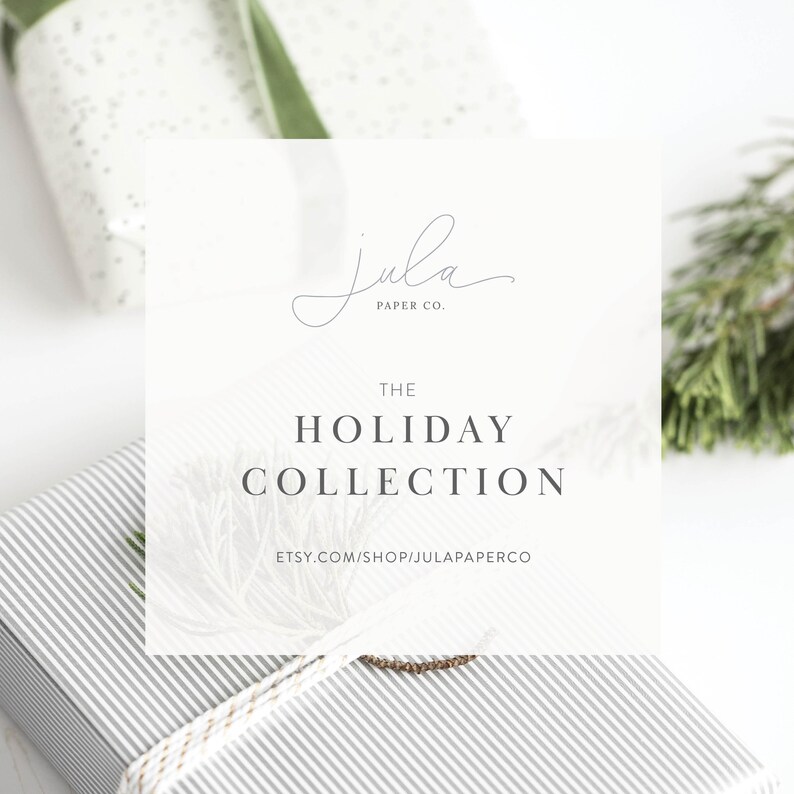 May include: A white and gray striped gift box with a white ribbon and a white card with the text "The Holiday Collection" and the website address "etsy.com/shop/julapaperco". The card also has the text "Jula Paper Co." in a cursive font.