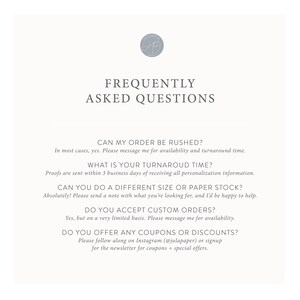 May include: A white background with black text outlining frequently asked questions about ordering, rush orders, turnaround time, size and paper stock options, custom orders, and coupons or discounts. The text includes the Instagram handle @julapaper.
