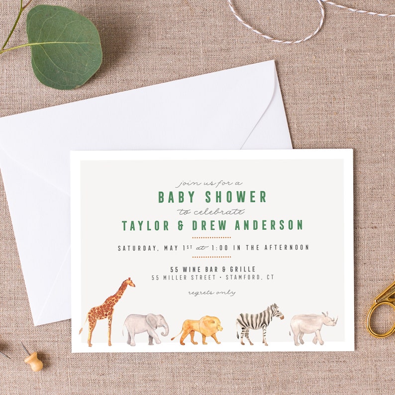 Safari Baby Shower Invite, Jungle Animals, Gender Neutral, Baby Sprinkle, Wild One, Watercolor Greenery, Virtual Baby Shower image 1