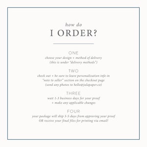 Może przedstawiać: Biała grafika z niebieską ramką otaczającą tekst "how do I ORDER?" z czterema wymienionymi krokami: JEDEN - wybierz sw&oacute;j projekt + metodę dostawy (to jest pod "metodami dostawy"), DWA - dokonaj płatności + upewnij się, że zostawisz informacje o personalizacji w sekcji "uwaga dla sprzedającego" na stronie płatności (wyślij wszystkie zdjęcia na hello@julapaper.co), TRZY - poczekaj od 1 do 3 dni roboczych na sw&oacute;j projekt + wprowadź wszelkie niezbędne zmiany, CZTERY - Twoja paczka zostanie wysłana w ciągu 3-5 dni od zatwierdzenia projektu LUB otrzymasz swoje ostateczne pliki do druku pocztą elektroniczną!