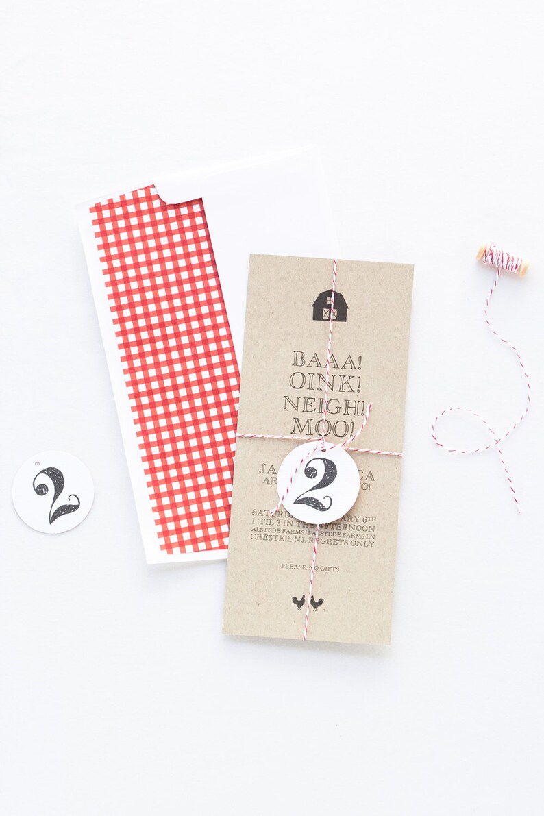 Barnyard Bash Birthday Invitation Farm Animals Kids Barn Party Kraft Paper Rustic Country Gingham Invite Baa Oink Neigh Moo 2nd Birthday