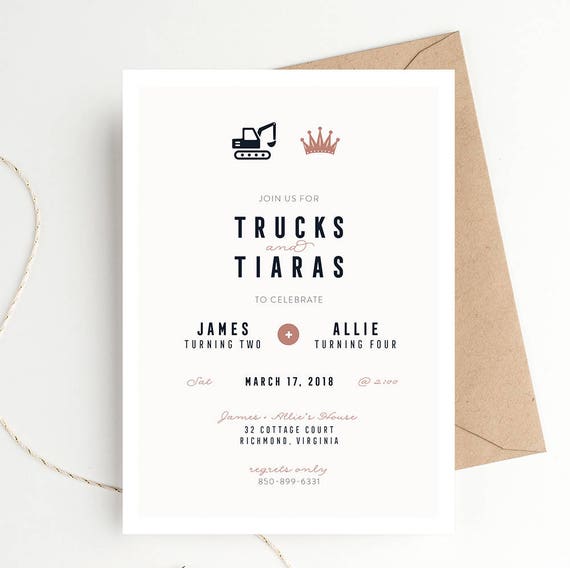 Trucks and Tiaras Birthday Party Invitation, Tractors and Princess, Twins or Joint Birthday, Boy + Girl Party, Dump Truck Construction Party Il_570xn