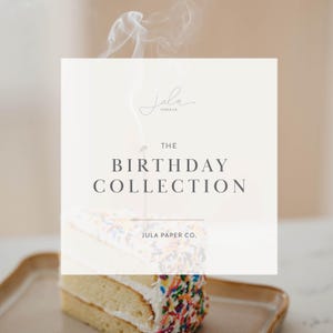 May include: A white cake with colourful sprinkles, a single lit candle, and smoke rising from the candle. The text "THE BIRTHDAY COLLECTION JULA PAPER CO." is on a white background.