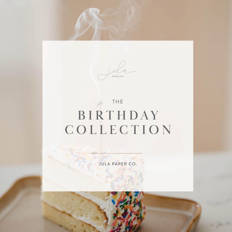 May include: A white cake with colourful sprinkles, a single lit candle, and smoke rising from the candle. The text "THE BIRTHDAY COLLECTION JULA PAPER CO." is on a white background.