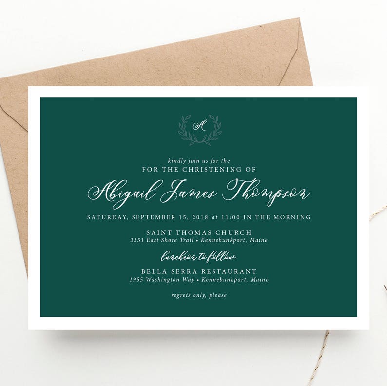 Monogram Baptism Invitation Elegant Laurel Wreath Christening Invitation Calligraphy Dedication Celebration Classic Baby Print at Home