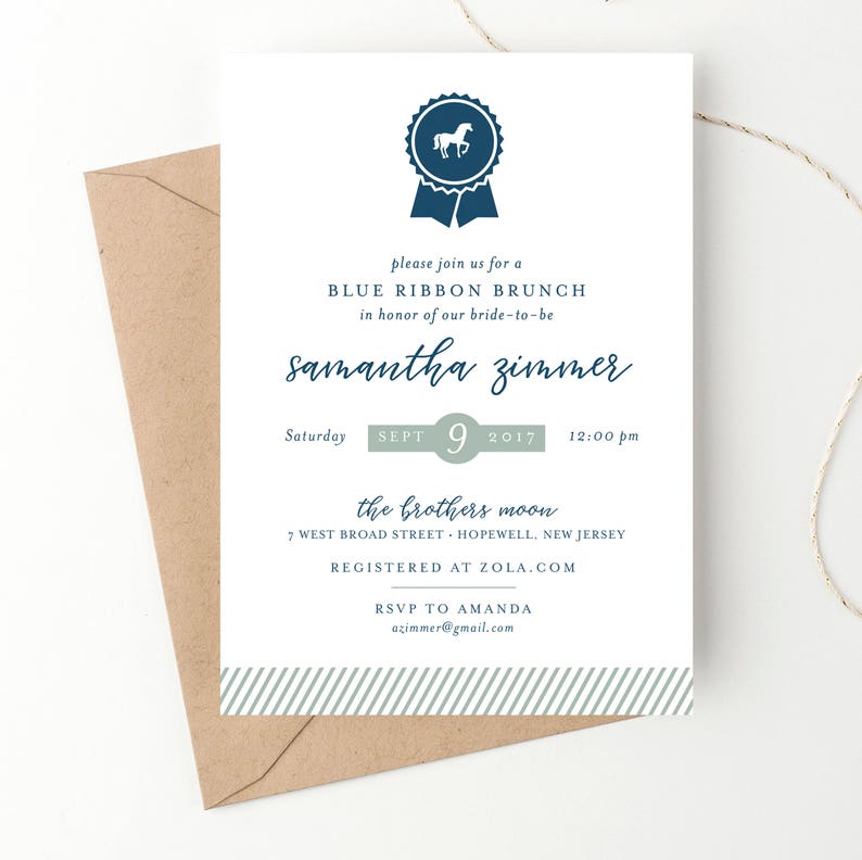 Blue Ribbon Bridal Shower, Preppy Horse Party, Kentucky Derby, Preakness, Belmont, Triple Crown, Equestrian Printed Invitation or DIY image 1