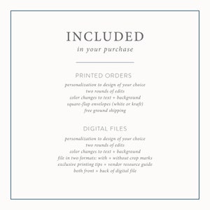 Może przedstawiać: Biała grafika tekstowa na niebieskim tle z napisem "INCLUDED" dużymi literami i tekstem "in your purchase" poniżej. Tekst "PRINTED ORDERS" jest wymieniony z opisem tego, co jest zawarte w zam&oacute;wieniu drukowanym. Tekst "DIGITAL FILES" jest wymieniony z opisem tego, co jest zawarte w pliku cyfrowym.