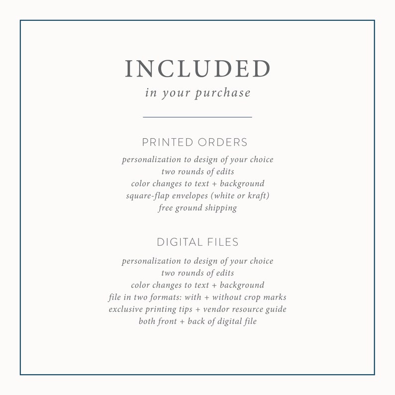 Może przedstawiać: Biała grafika tekstowa na niebieskim tle z napisem "INCLUDED" dużymi literami i tekstem "in your purchase" poniżej. Tekst "PRINTED ORDERS" jest wymieniony z opisem tego, co jest zawarte w zam&oacute;wieniu drukowanym. Tekst "DIGITAL FILES" jest wymieniony z opisem tego, co jest zawarte w pliku cyfrowym.