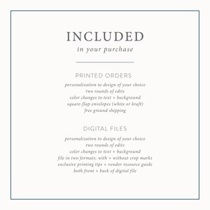 May include: A white text graphic on a blue background with the word "INCLUDED" in large letters and the text "in your purchase" below. The text "PRINTED ORDERS" is listed with a description of what is included in a printed order. The text "DIGITAL FILES" is listed with a description of what is included in a digital file.