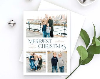 Merriest Christmas Holiday Card, Christmas Card, Family Photo Card, Holiday Photo Card, Multi Photo, Modern Christmas Card, Typographic
