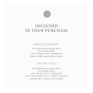 May include: A white background with the text "INCLUDED IN YOUR PURCHASE" in black. Below that, the text "PRINTED ORDERS" and "DIGITAL FILES" are in black with a list of details about what is included in each order type.