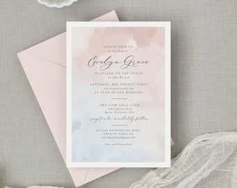 Watercolor Bat Mitzvah Invitation, Girls Bat Mitzvah, Blue and Blush, Christening Announcement, Calligraphy, Beach Themed Bat Mitzvah