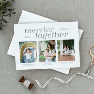 Cartão de Natal Merrier Together, Cartão de foto de família, Anúncio de nascimento de Natal, Novo bebê, Várias fotos, Família em crescimento, Bem-vindo bebê