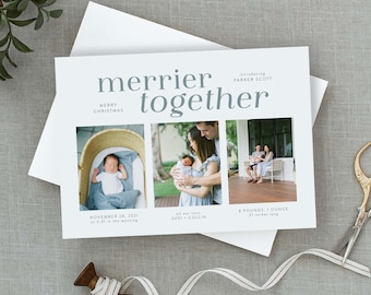 Merrier Together Christmas Card, Family Photo Card, Christmas Birth Announcement, New Baby, Multi Photo, Growing Family, Welcome Baby