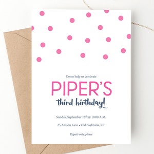 Bold Polka Dots Birthday Invitation Free Shipping | Little Girl Third Birthday Party | Navy and Pink | Printed or DIY Party Invites