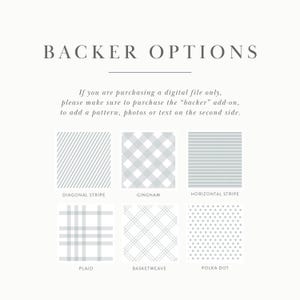 May include: A chart showing different patterns for a backer add-on for a digital file. The patterns include diagonal stripe, gingham, horizontal stripe, plaid, basketweave, and polka dot.