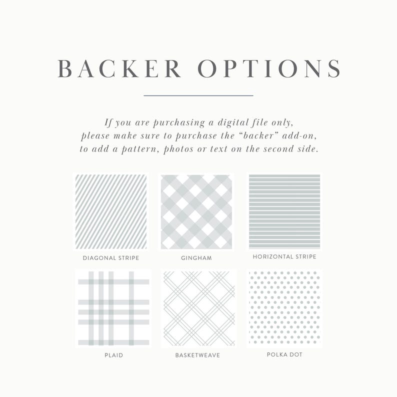 May include: A chart showing different patterns for a backer add-on for a digital file. The patterns include diagonal stripe, gingham, horizontal stripe, plaid, basketweave, and polka dot.