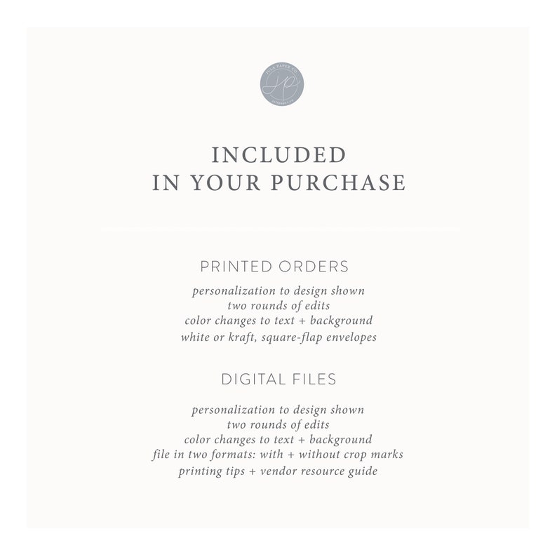 May include: A white background with the text "INCLUDED IN YOUR PURCHASE" in black. Below that, the text "PRINTED ORDERS" and "DIGITAL FILES" are in black with a list of details about what is included in each order type.