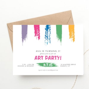 Art Party Children's Birthday Invitation  | Colorful Toddler Birthday Party | Art Studio or Pottery | Printed or Digital File | Free Ship