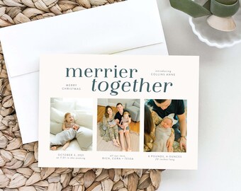 Merrier Together Christmas Card, Family Photo Card, Christmas Birth Announcement, New Baby, Multi Photo, Growing Family, Welcome Baby